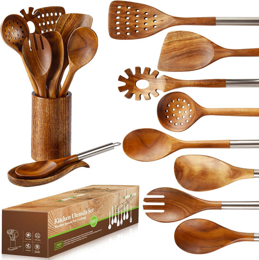 10PCS Wooden Spoons for Cooking, Spoons and Spatula Non Stick Set with Stainless Steel Handle, Teak Wooden Utensils Set with Holder & Spoon Rest, Kitchen Utensils for Non-Stick Cookware