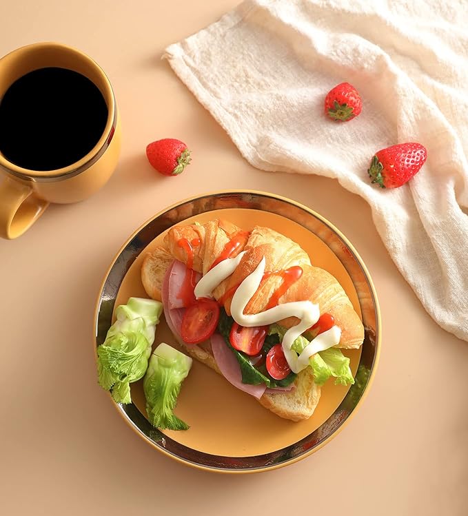 Bestone 16 Piece Round Kitchen Dinnerware Sets,Plates and Bowls sets,Dishes, Plates, Bowls, Mugs, Dish Set，Plates and Bowls,Service for 4, Stoneware (round, green and gold rim)