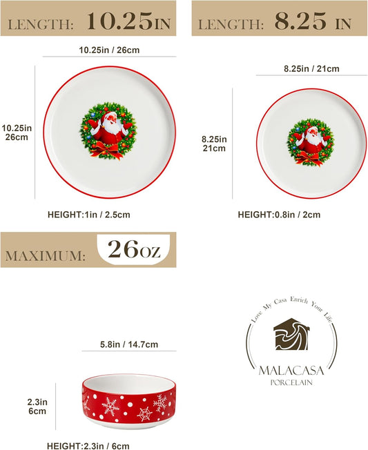 MALACASA Plates and Bowls Sets, 12 Pieces Christmas Porcelain Dinnerware Set for 4, Ceramic Dishware Dishes Kitchen Dinner Dining Ware Set, Microwave and Dishwasher Safe, Series LUNA-Santa Claus