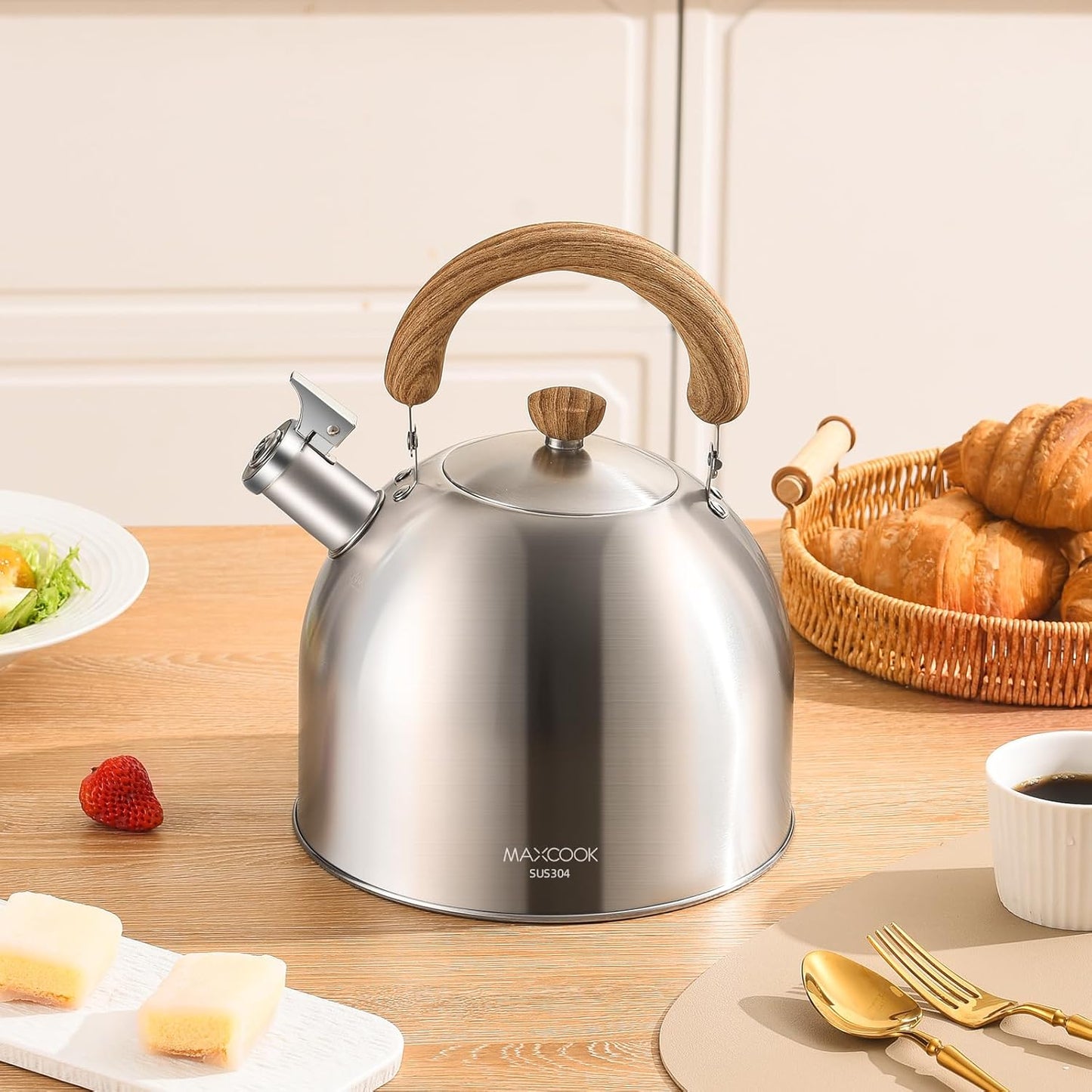 18/8 Stainless Steel Tea Kettle for Stovetop (5L / 5.29 Quart, Whistling Tea Pot, Wood Handle)-Silver