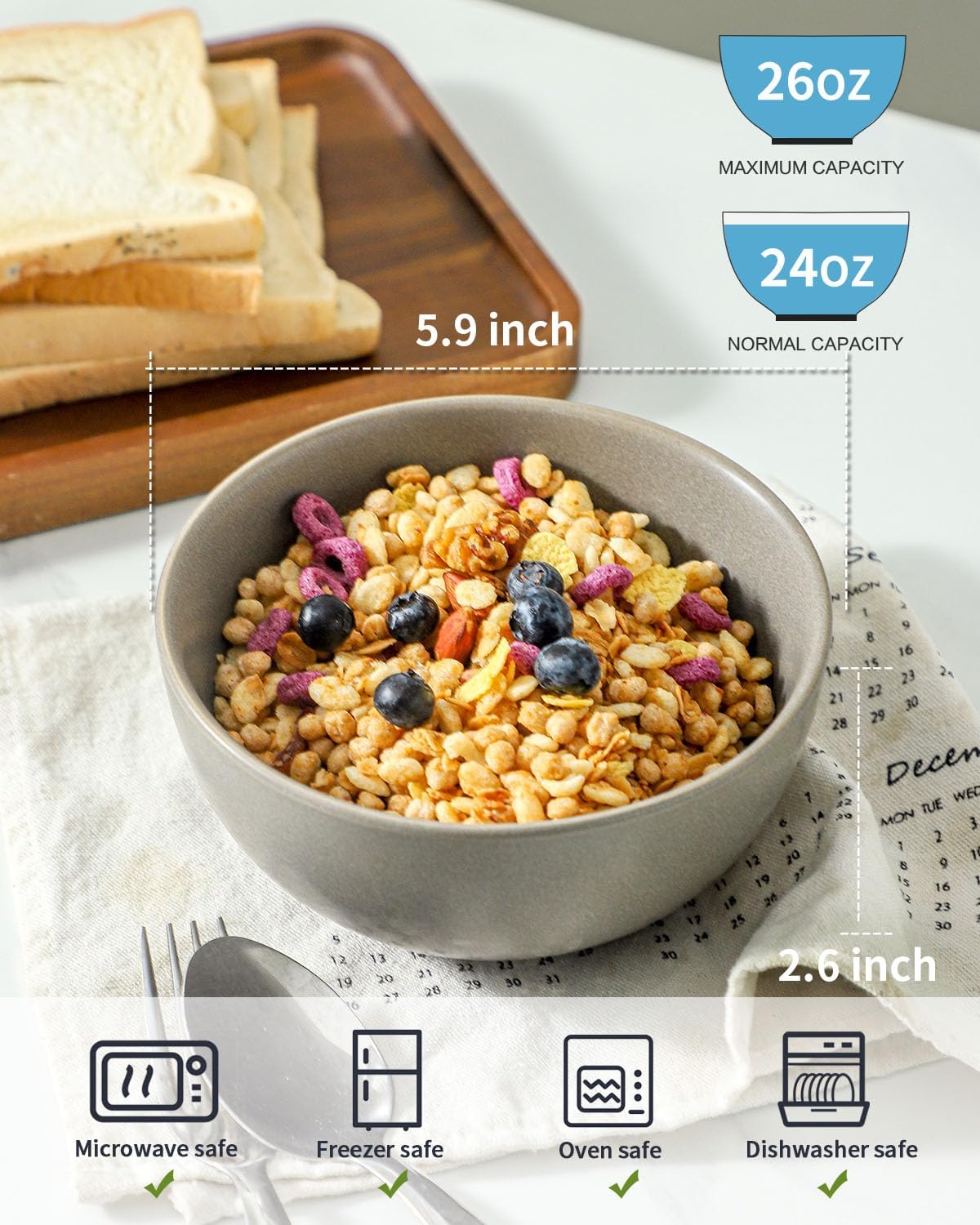 Cereal Bowls Set of 4, 24 oz Ceramic Bowls for Kitchen, Stoneware Soup Bowls for Salad, Ramen, Snack, Dessert, Unique Housewarming Gift, Dishwasher Microwave Safe, Matte Gray