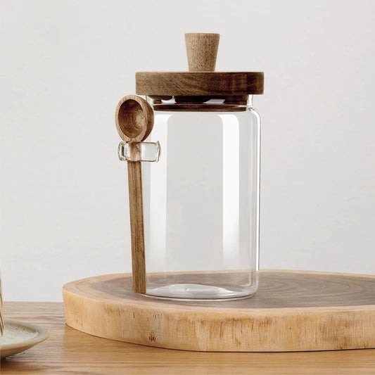 Glass Food Storage Jar with Wooden Lid and Spoon, Airtight Container for Cereals, Cookies, Snacks, Kitchen Canister Set (Large(750ml/25.3oz))