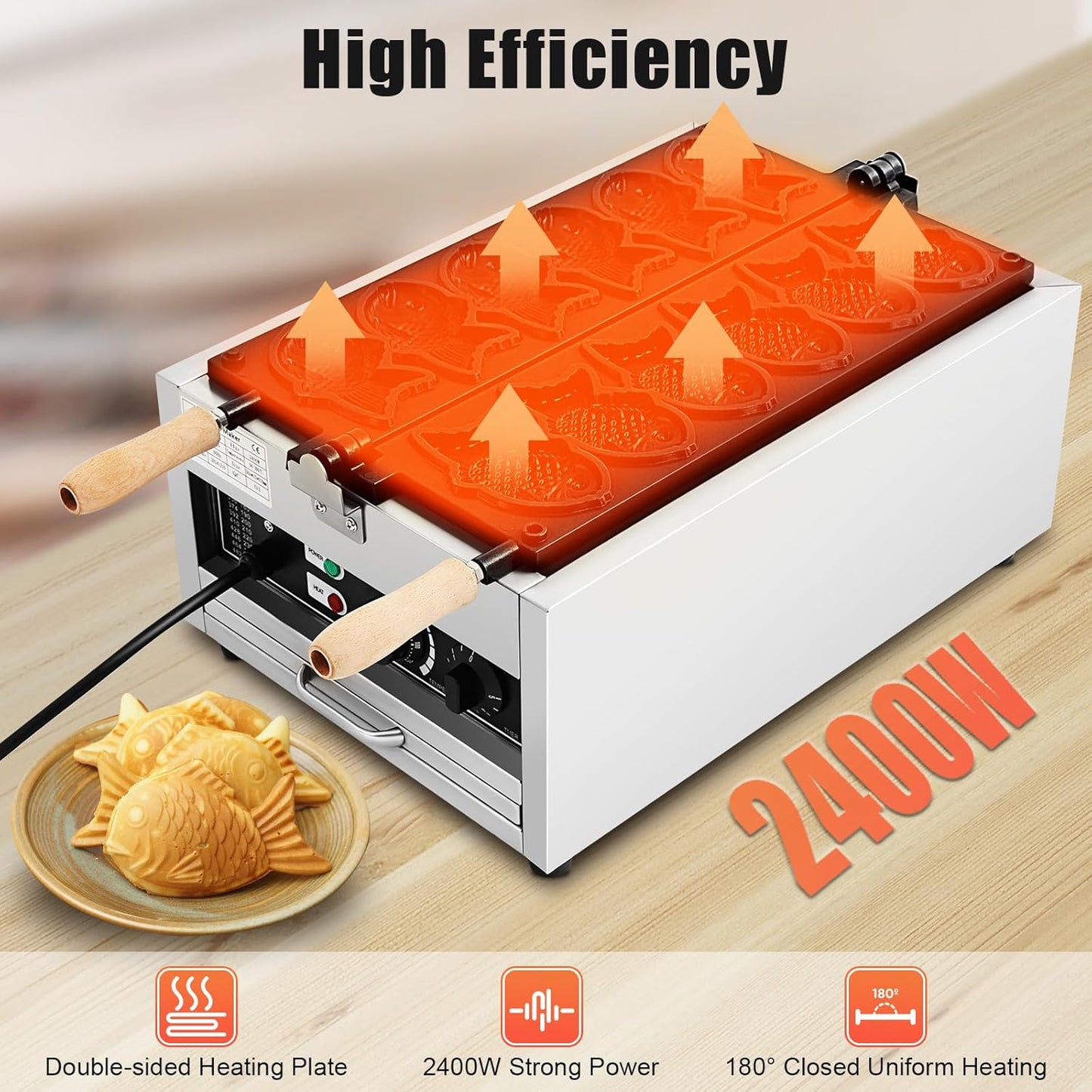 2400W Taiyaki Fish Waffle Maker, 6 Mold Non-stick Electric Cake Waffle Maker 122~572℉ Stainless Steel Taiyaki Maker for Home & Commercial Use