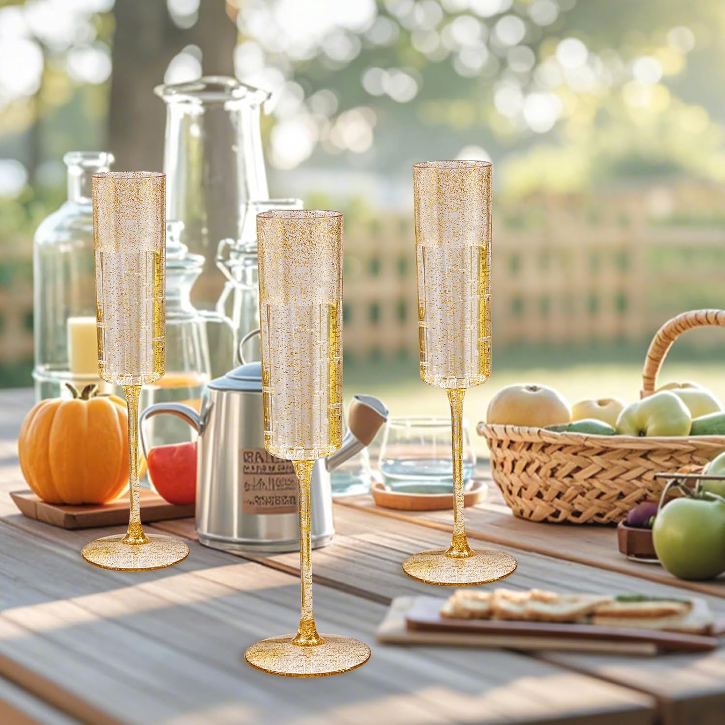 YOUBET 24 Pack Plastic Champagne Flutes - 6 Oz Gold Glitter Disposable Champagne Glasses - Square Plastic Wine Cups Wedding Toasting for Party Birthday Anniversary Thanksgiving