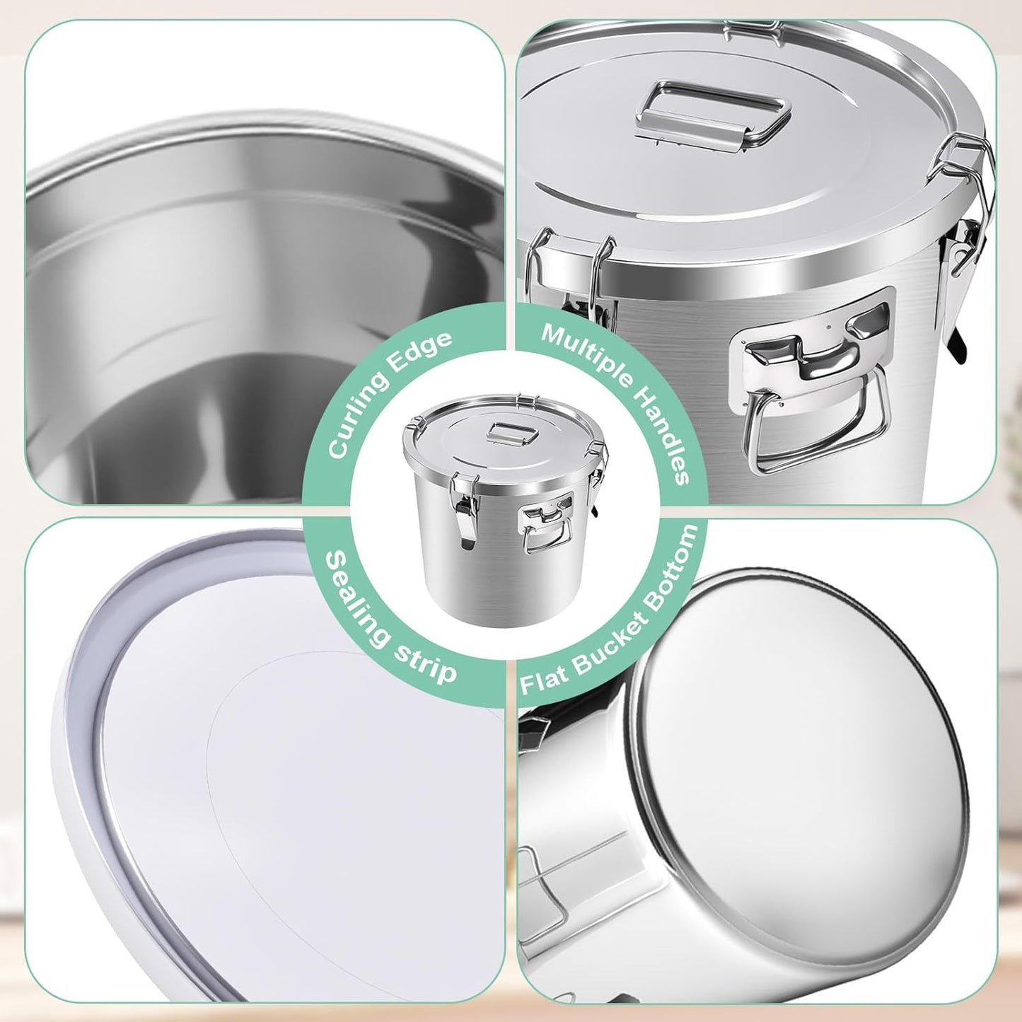 304 Stainless Steel Airtight Canister, 21L/5.5 Gal Food Storage Containers, 38 lbs Metal Bucket, with Lids and 4 Lock Clips for Grain, Rice, Oil, Sugar, Flour, Coffee Bea