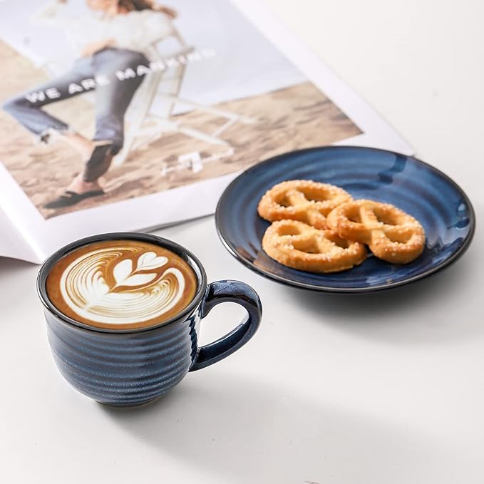 Hasense Espresso Cups Set of 4, 4 Ounce Ceramic Cappuccino Cup with Saucers, Small Coffee Mugs for Espresso Shots, Cappuccino, Tea, Latte, Demitasse, Navy Blue