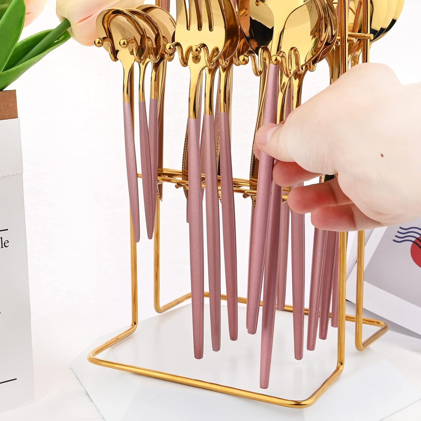Pink Gold 24Pcs Flatware Set With Stand, Lightweight Dinnerware Set Stainless Steel Cutlery With Pink handles For Home Kitchen Wedding Party And Daily Use,Service For 6, Mirror Polish