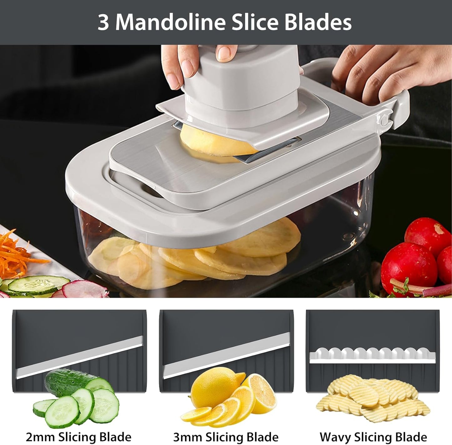 11-in-1 Mandoline Slicer for Kitchen, Food Chopper with Container, Vegetable Dicer Onion Slicer, Veggie Cutter for Fruit Salad Kitchen Gadgets Essential Tools (Grey)