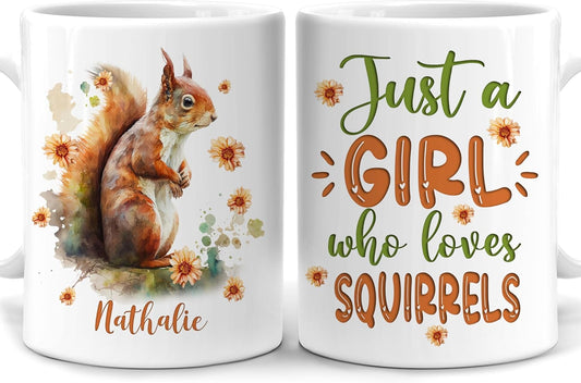 Hyturtle Personalized Gifts Squirrel Lover - Just A Girl Who Loves Squirrels Custom Name Ceramic Coffee Mug Cup 11oz - Idea Cute Animal Lover Gifts For Women, Girl Daughter On Birthday, Christmas