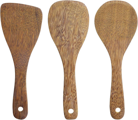 EORTA Set of 3 Wooden Rice Paddles, 8 Inch Rice Spoon Spatula & Scooper for Nonstick Cookware, Small Wooden Utensils for Kitchen Cooking, Slanted/Flat/Curved Food Spatula, 8.26 * 2.75inch