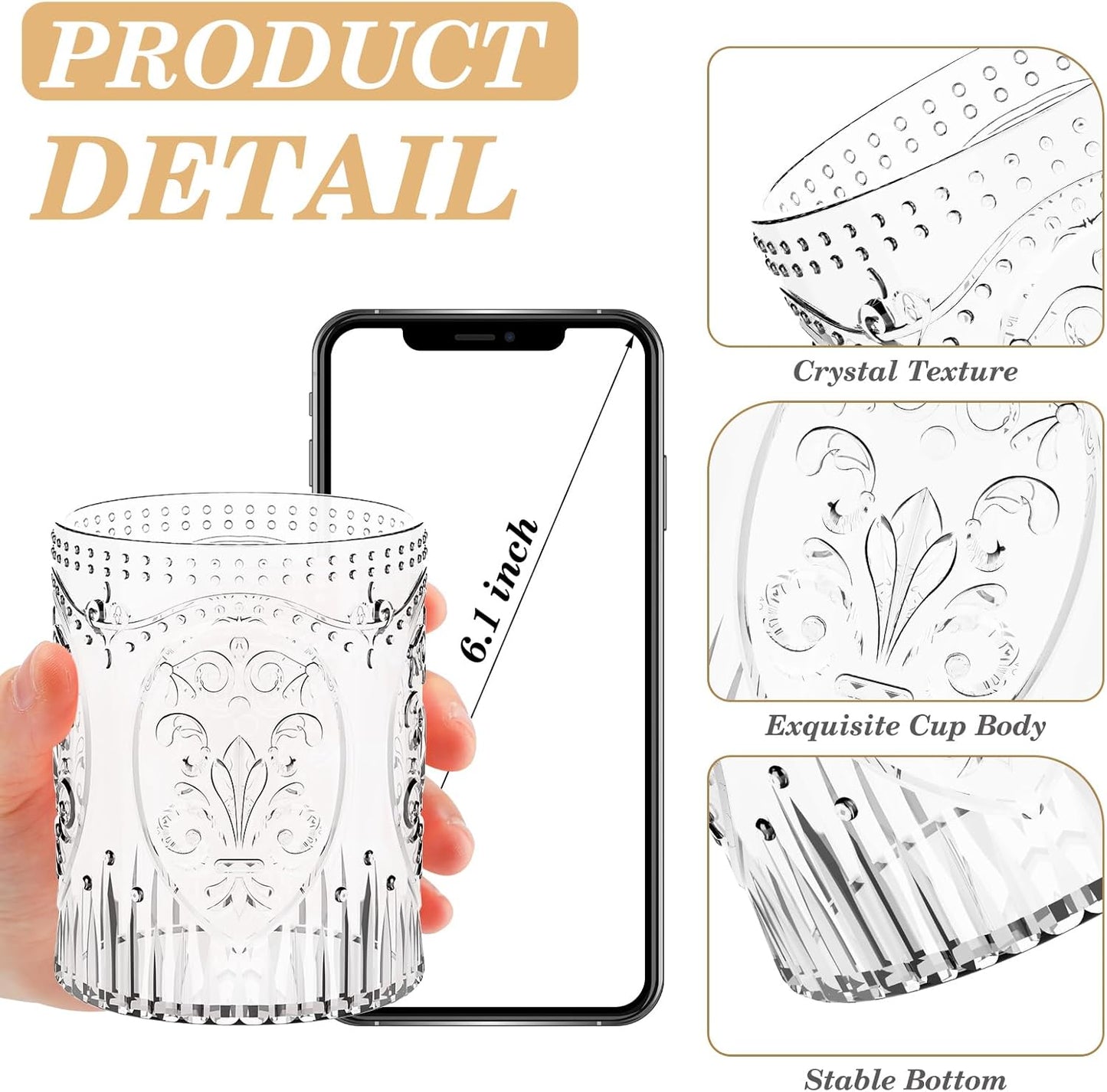 24 Plastic Vintage Drinking Glasses 8.5oz Stemless Retro Embossed Wine Glasses Shatterproof Reusable Cups for Baby Shower Wedding Reception Grand Event Party (Clear)