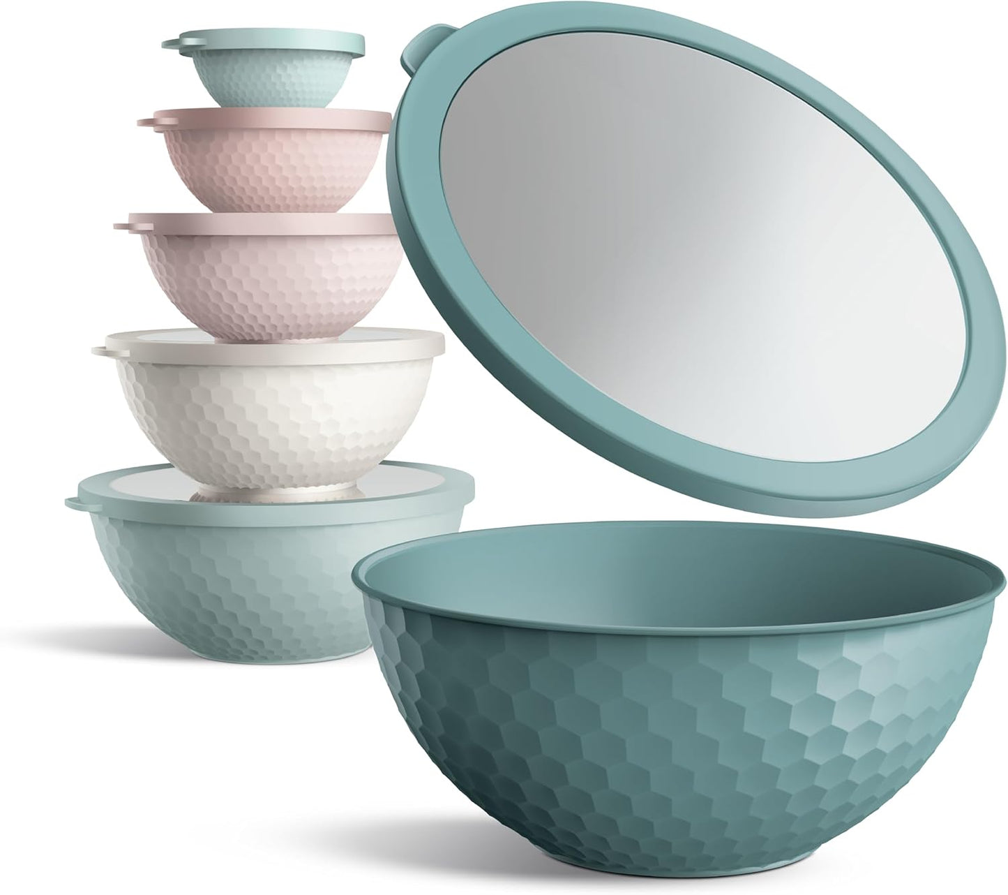 COOK WITH COLOR Mixing Bowls with Lids - 12 Piece Plastic Nesting Bowls Set includes 6 Prep Bowls and 6 Lids, Non Slip Bottom and Embossed Design - Microwave Safe (Teal)