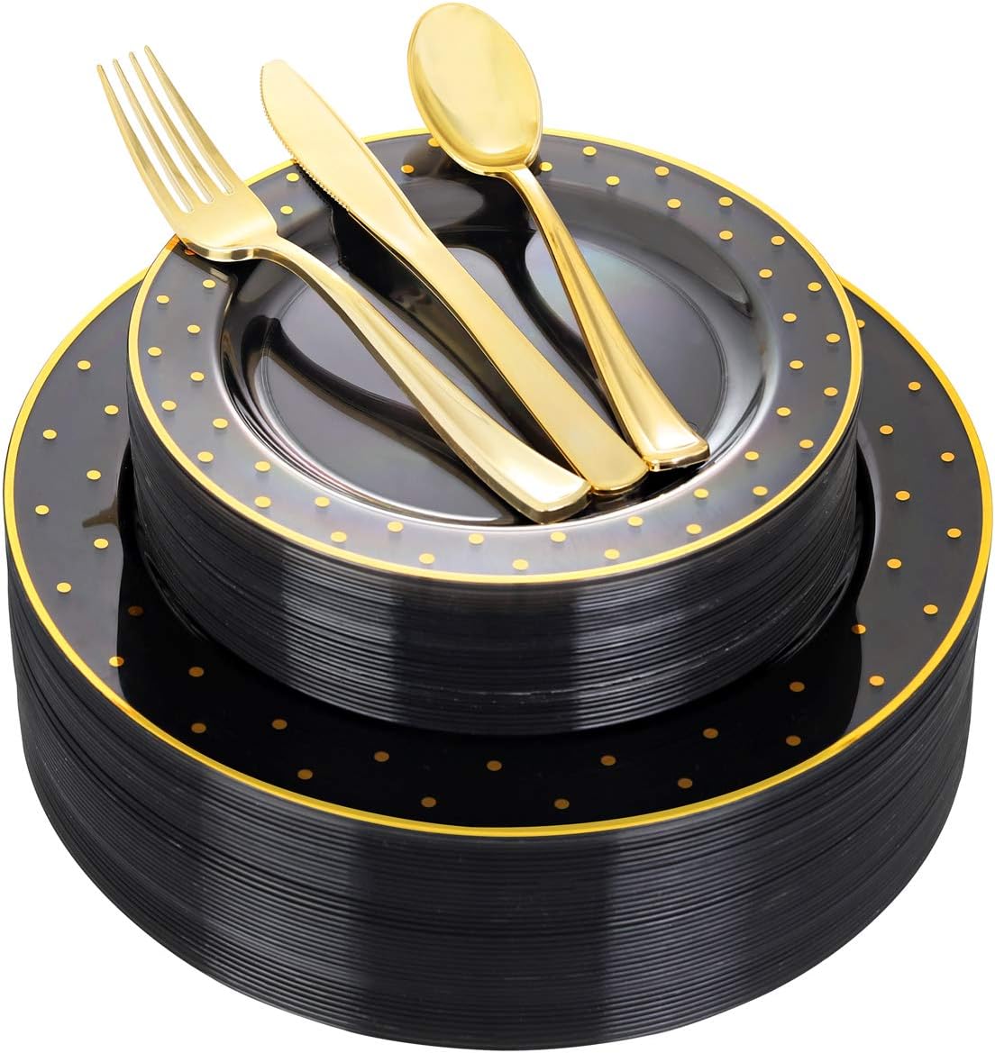 DaYammi 200Pcs Black and Gold Plates Black Plastic Disposable Plates for Party Black Gold Supplies Includes 40 Dinner Plate,40 Dessert Plate,40 Forks,40 Knives,40 Spoons for Halloween Party