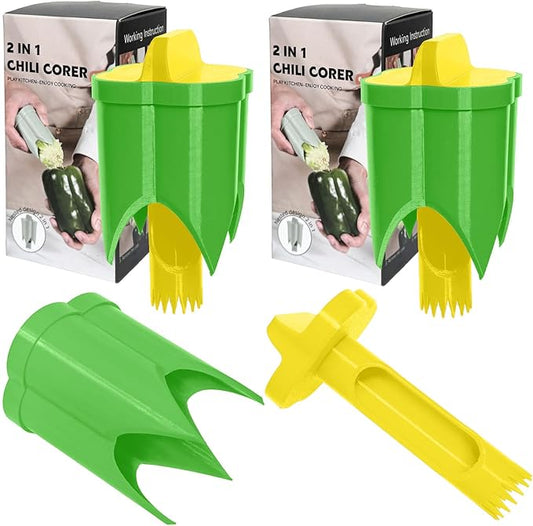Pepper Corer, 2 in 1 Red Bell Pepper Seed Corer Remover Tool, Fruit & Vegetable Corers Quick Cave Tools for Jalapeno Cutter Deseeder, Yellow Green, 2 PCS