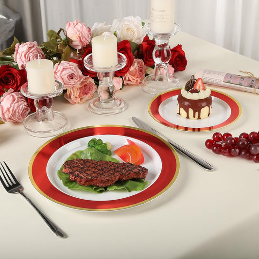 100Pack Plastic Plates Disposable Heavy Duty for Christmas Include 50PCS 10.25inch Dinner plates and 50PCS 7.5inch Dessert Plastic Plates for Party Wedding Birthday New Year,Red