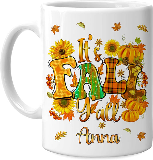Hyturtle Personalized Fall Autumn Mug Gifts - It's Fall Y'all - Custom Name Coffee Cup Ceramic Mug 11oz 15oz - Autumn Gifts - Fall Thanksgiving Decor Gift - Birthday Christmas
