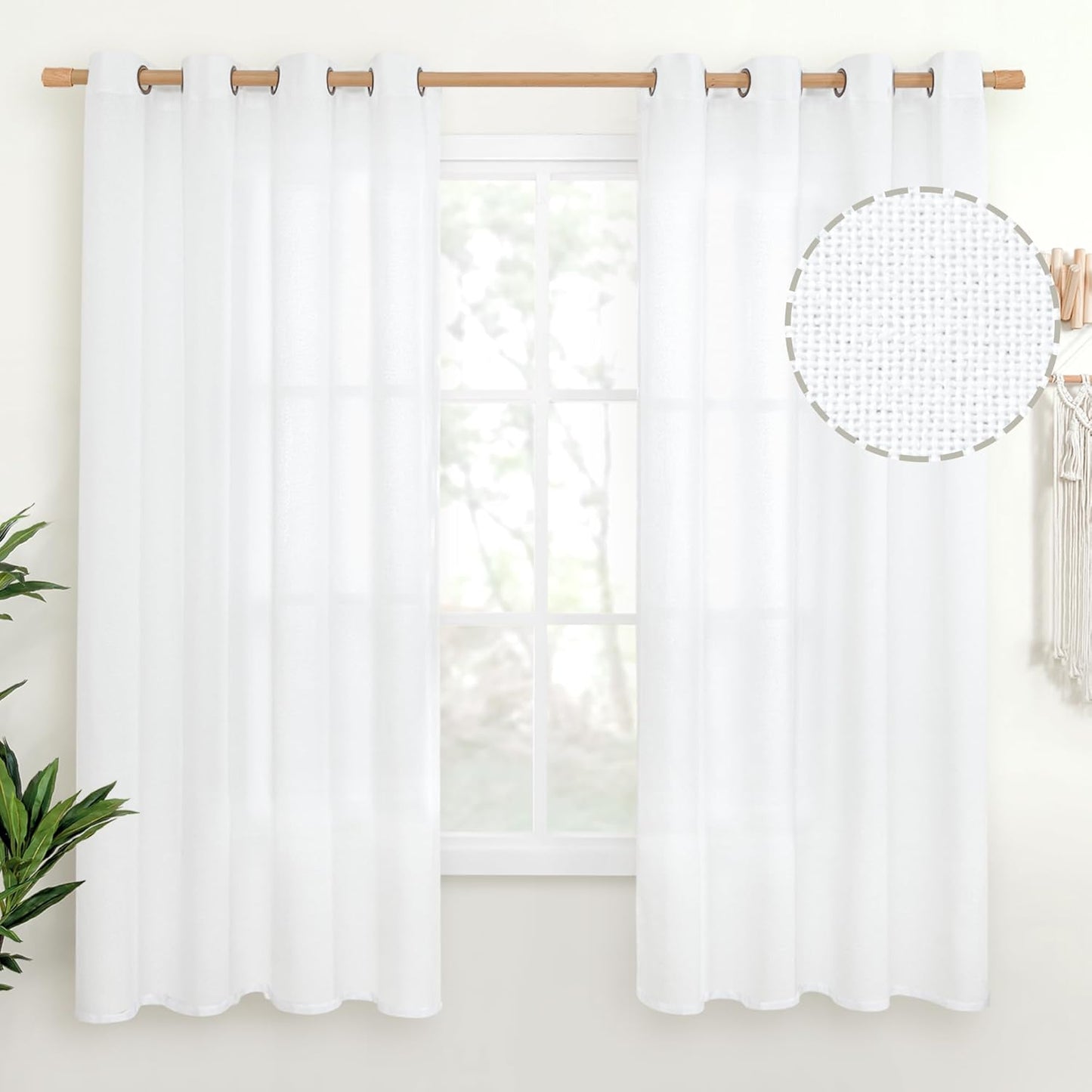 YoungsTex White Linen Curtains 63 inch Length for Short Windows, Light Filtering Textured Semi Sheer Drapes with Bronze Grommet for Bedroom Living Room Privacy, 2 Panels, 52 X 63 Inch