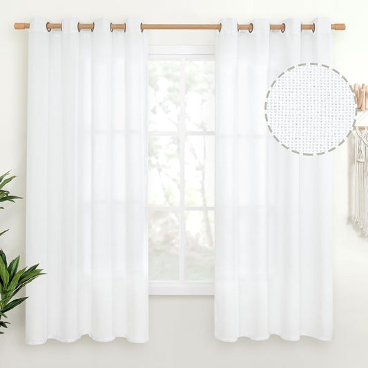YoungsTex White Linen Curtains 63 inch Length for Short Windows, Light Filtering Textured Semi Sheer Drapes with Bronze Grommet for Bedroom Living Room Privacy, 2 Panels, 52 X 63 Inch