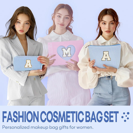 2 PCS Initial Makeup Bags for Women: Cosmetic Bag for Travel Toiletry - Birthday Gifts for 11 12 13 14 15 16 17 18 Years Old Girl Graduation Teacher Gift- Teen Girl Gifts Trendy Stuff - Blue R