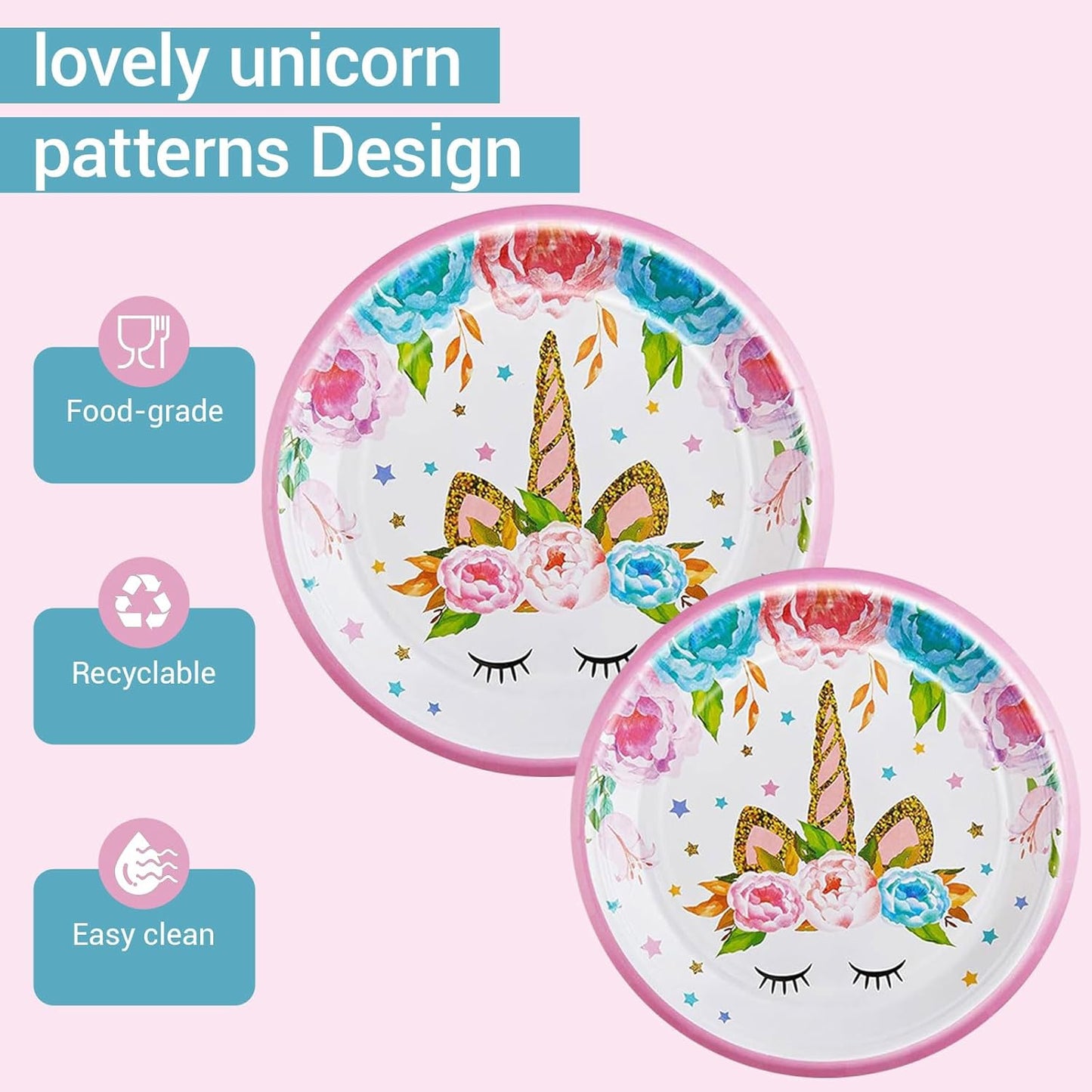 DTDO 96 Pcs Unicorn Party Plates and Napkins Set Include Magical Unicorn Paper Plate Napkins Black Forks, Disposable Hourse Themed Birthday Dinnerware for Girls Birthday Decorations, Serves 24