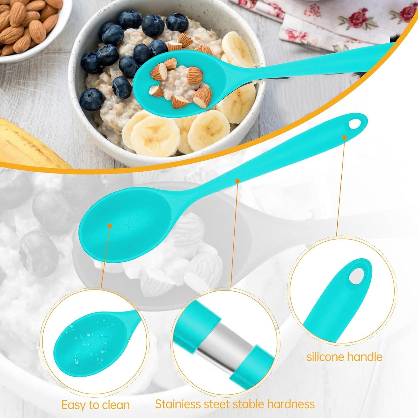2 Pcs Silicone Nonstick Mixing Spoon,10.6Inch Silicone Spoons for Cooking Heat Resistant, Cooking Utensil for Kitchen Cooking Baking Stirring Serving (Blue)