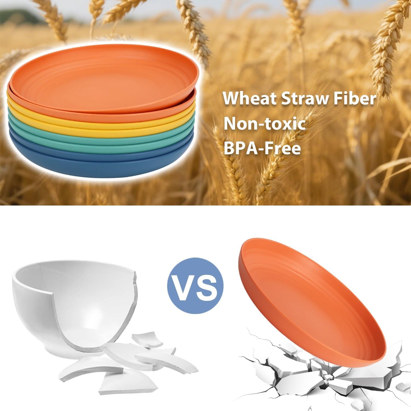 Wheat Straw Plate 9 Inch, Deep Dinner Plates Set of 8, Unbreakable Plastic Plate Reusable, Microwave & Dishwasher Safe Kitchen Plates for Camping, Picnic, Travel, Outdoor (Multi Colors)