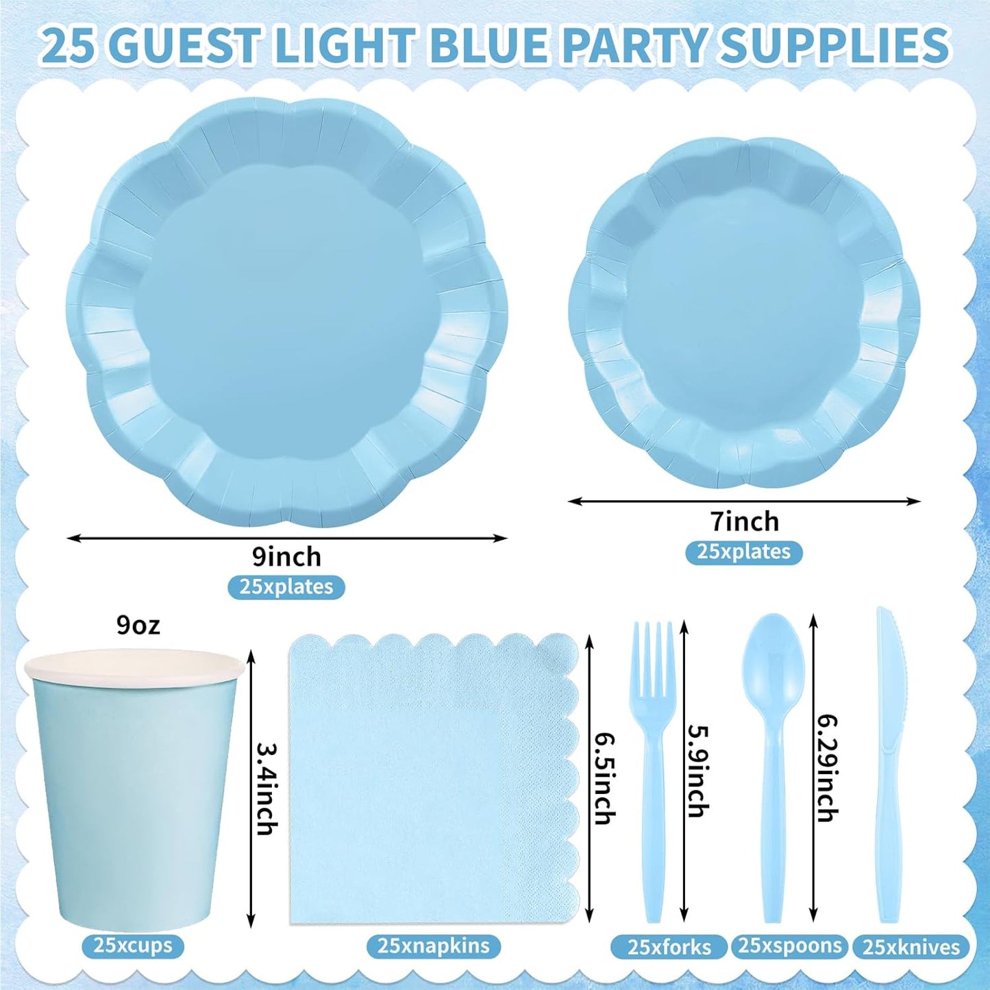 175 Pcs Light Blue Plates and Napkins Set, 25 Guest Blue Supplies Include Scalloped Plate Napkin Cup Forks Knives Disposable Plastic Cutlery for Wedding Baby Shower Birthday Banquet