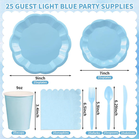 175 Pcs Light Blue Plates and Napkins Set, 25 Guest Blue Supplies Include Scalloped Plate Napkin Cup Forks Knives Disposable Plastic Cutlery for Wedding Baby Shower Birthday Banquet