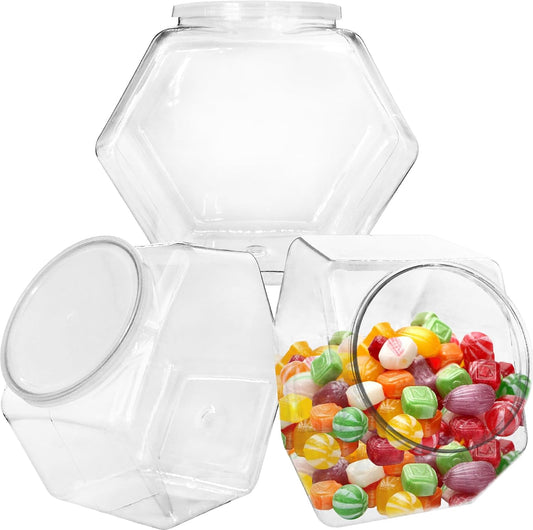 3 Pcs Plastic Candy Jars,Clear Cookie Jars 71 Oz for Kitchen Counter,Hexagon Cookie Jars with Lids,Plastic Dry Food Jar for Candy Buffet