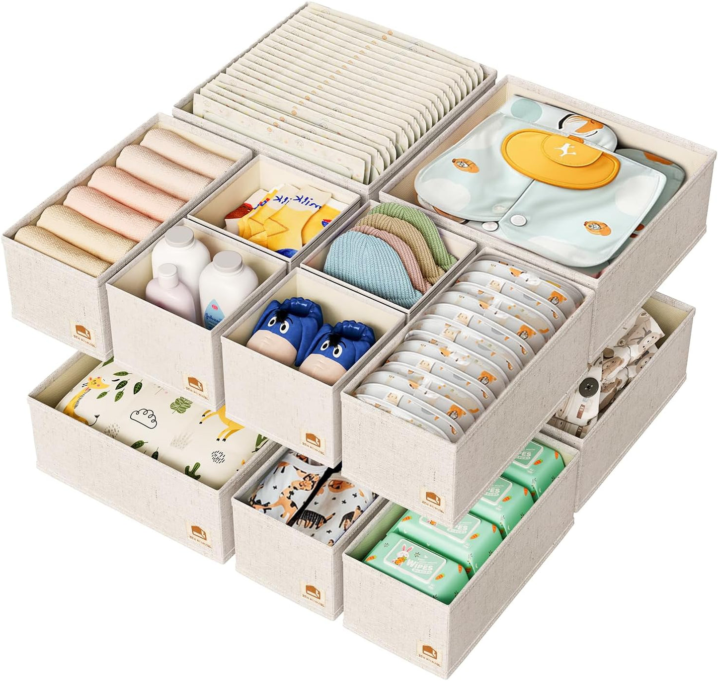 Cotton Linen Drawer Organizer for Baby Clothes, 12Pack Foldable Nursery Dresser Divider, Multi-Size Set Dresser Drawer Organizer for Nursery, Bedroom and Closet, Beige
