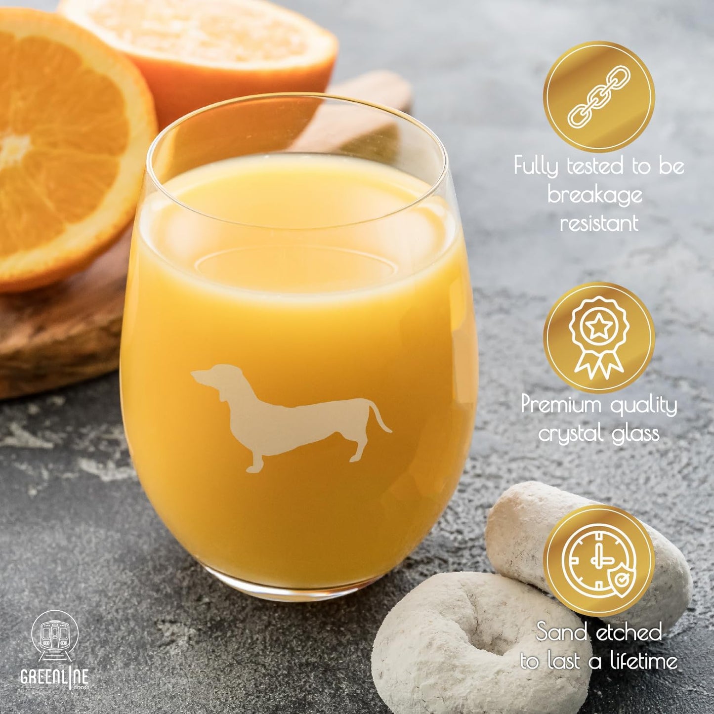 Greenline Goods Dachshund Stemless Wine Glasses (Set of 2) - Unique Gift for Weiner Dog Lovers - Etched 2-Sided Silhouette with Breed Name on the Bottom