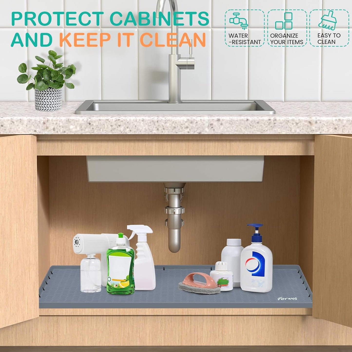 Waterproof Under Sink Mat 31" x 22", Silicone Cabinet Liner, Rubber Protector for Kitchen and Bathroom, Keeps Cabinets Clean, Dry, and Organized (Grey)