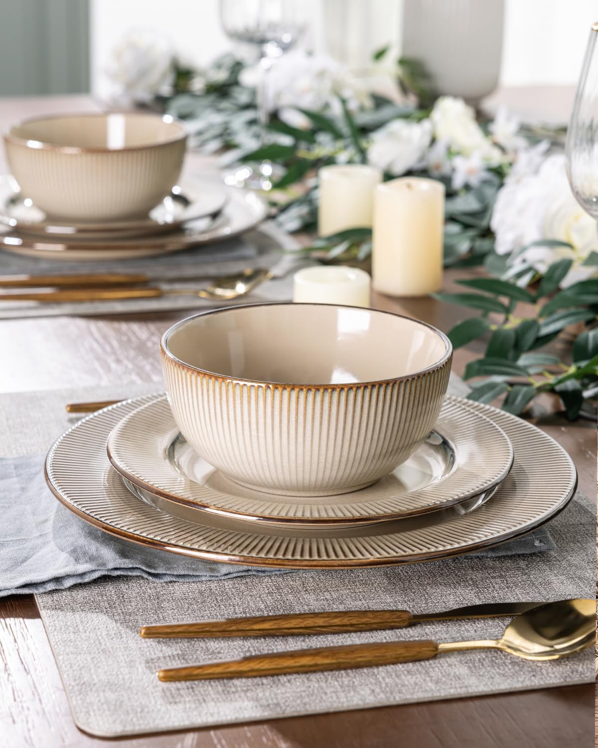 GBHOME Ceramic Dinnerware Sets, 24 Piece Embossed Elegant Stoneware Plates and Bowls Sets, Housewarming Wedding Gift | Dishwasher & Microwave Safe | Dishes Set Service for 8