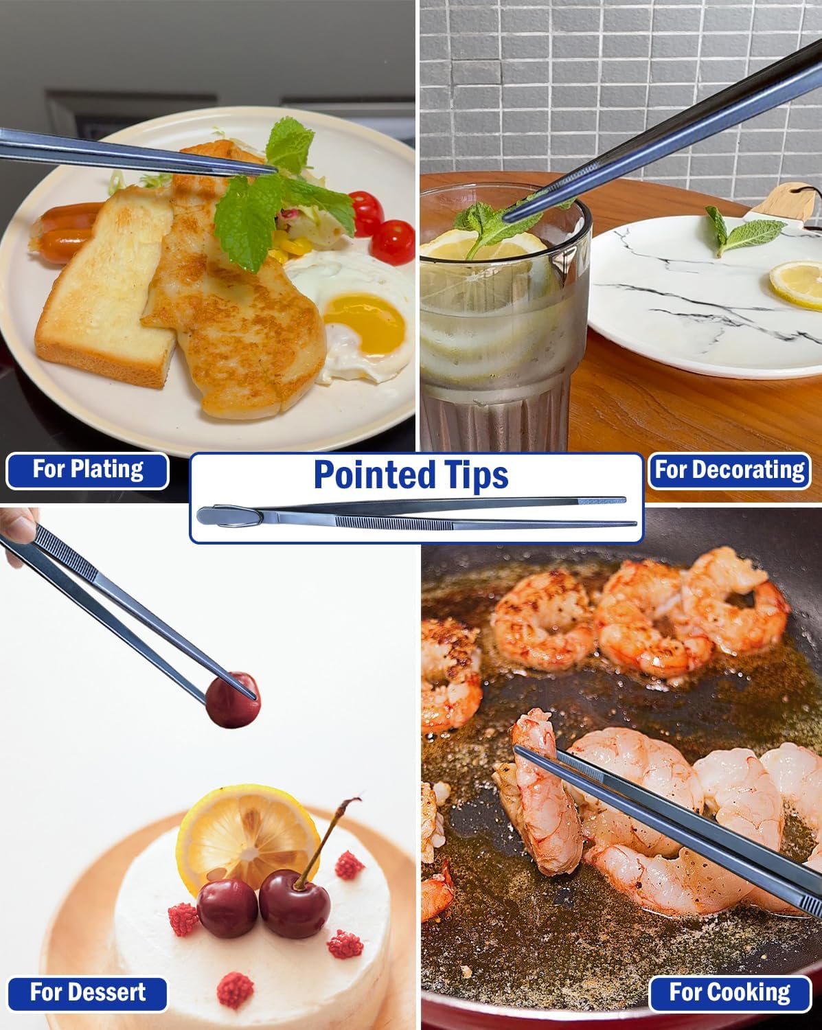 JETKONG 4 Pcs Kitchen Tweezers, 12'' and 10'' Stainless Steel Cooking Tweezers Set, High-Precision Tweezers Tongs for Cooking, Repairing, Seafood and BBQ (Blue)