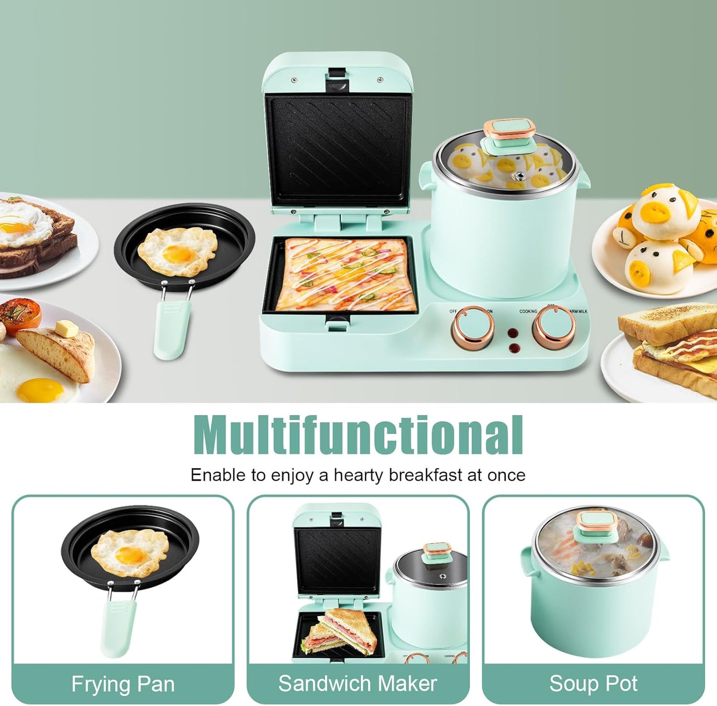 Green 3-in-1 Breakfast Station – Includes Non-Stick Griddle, Waffle Press & 1.2L Soup Pot – Dual Zone Cooking, 1050W Electric Breakfast Maker with Temperature Control