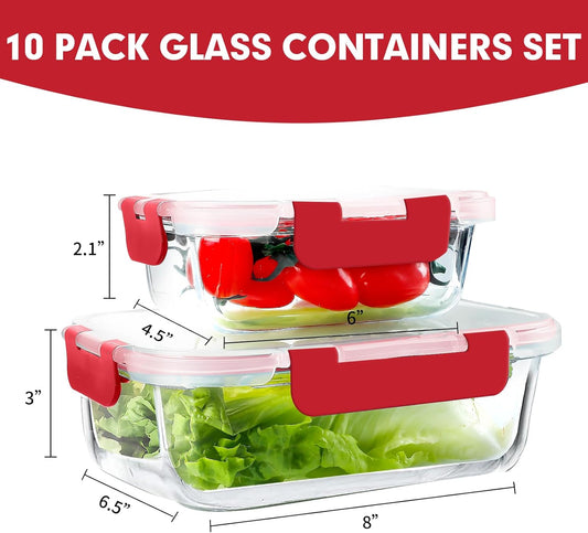 VERONES 10Pack Glass Meal Prep Containers, Airtight Glass Lunch Containers,Stackable Glass Food Storage Containers Set with Lids,Exclusive of BPA, for Microwave,Oven, Freezer&Dishwasher Friendly,Red