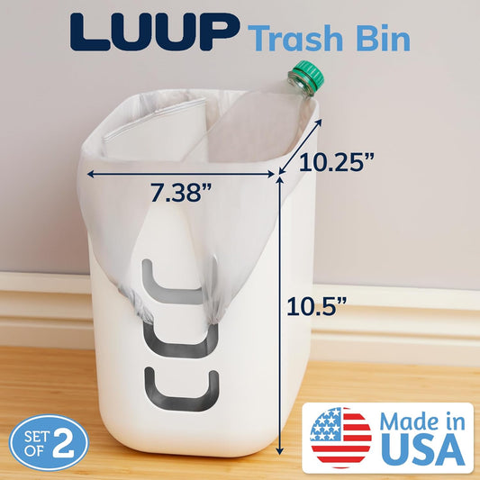 STORi Luup Bathroom Wastebasket 2pk, Secure Grocery Bags, Plastic Garbage Container for Vanity, Laundry Room, Kitchen, Office, 2.5 Gallon, White, Made in USA