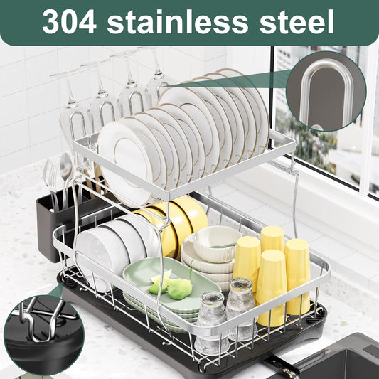 LIYI Dish Drying Rack,Large Dish Rack for Kitchen Counter,2-Tier Dish Racks with draining Tray,Detachable Capacity Dish Drainer Organizer,Black
