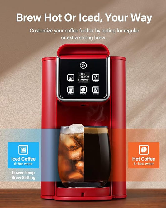 SHARDOR Single Serve Coffee Maker, Hot and Iced Coffee Machine for K Cup Pods & Ground Coffee, 6 to 14 oz Brew Sizes, with 50 oz Removable Water Tank, Bold Brew Setting, Stainless Steel, Red