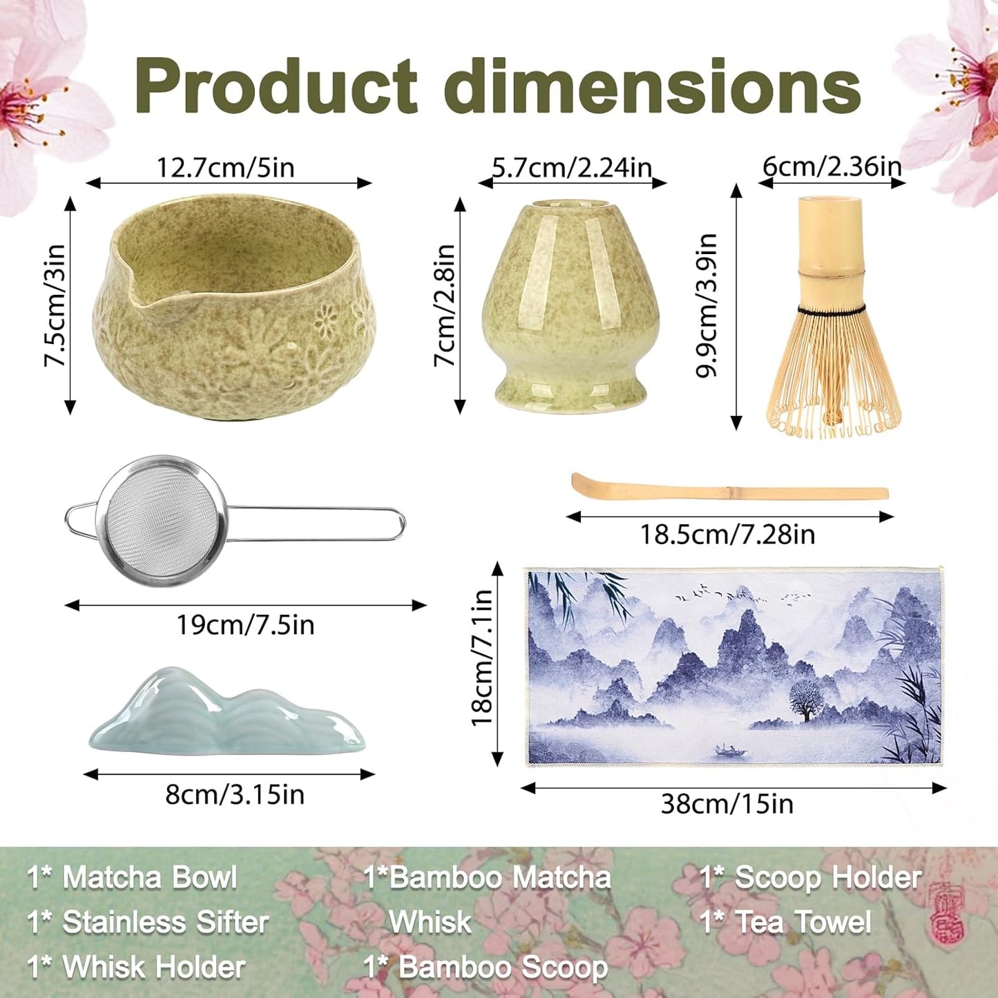 Matcha Whisk Set, 7 Pcs Matcha Kit Includes Matcha Bowl, Whisk and Holder, Bamboo Scoop, Scoop Rest, Sifter and Tea Towel, Gift for Matcha Lover (Mottled Green)