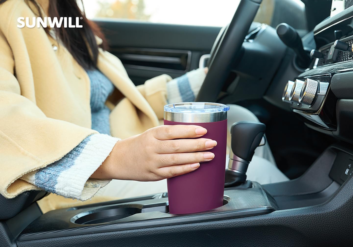 SUNWILL Travel Coffee Tumbler 20 oz, Insulated Mug with Lid, Stainless Steel Cup for Hot and Cold Drinks, Powder Coated Plum