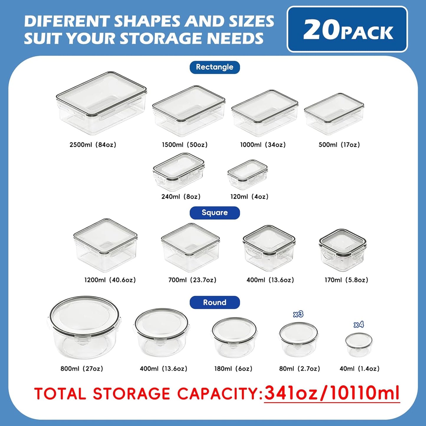 40 PCS Plastic Food Storage Containers with Lids Airtight, BPA-Free Leakproof Meal Prep Container Set for Kitchen Storage Reusable, Microwave Dishwasher Safe Stackable with Labels & Marker