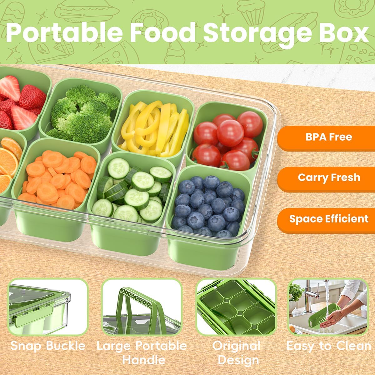 2 Pack Food Divided Storage Containers-Snackle Box Large Charcuterie Container for Portable Fridge Snack Platters-Reusable 12 Compartment Clear Storage with Lid and Handle Organizer(Green)