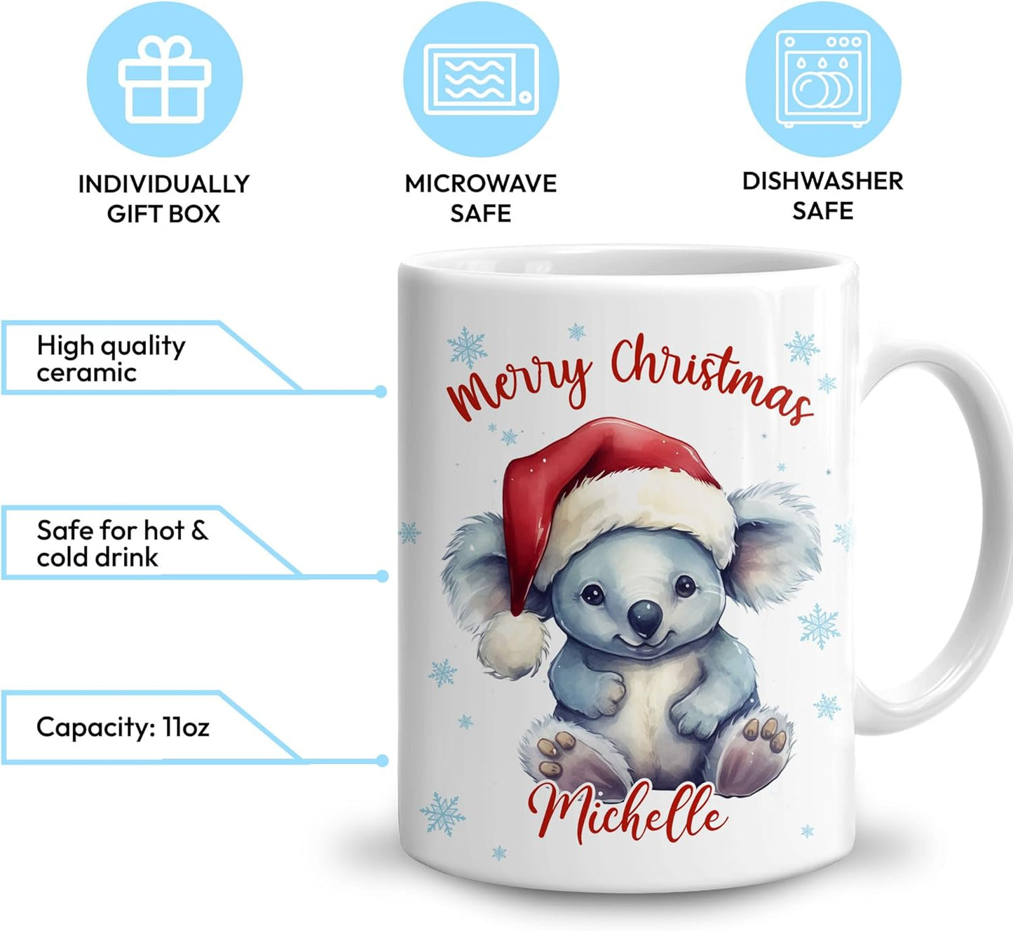 Hyturtle Personalized Gifts Koala Lover - Koala Wearing Santa Hat Custom Name Ceramic Coffee Mug Cup 11oz - Cute Animal Lovers Gifts For Women, Girl kids Family On Birthday, Christmas
