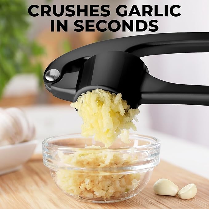 Zulay Kitchen Large Premium Garlic Press Set - Bigger Bowl for Bigger Garlic - Rust Proof & Dishwasher Safe Garlic Mincer Tool - Easy-Squeeze, Easy-Clean Silicone Garlic Peeler & Brush (Black)