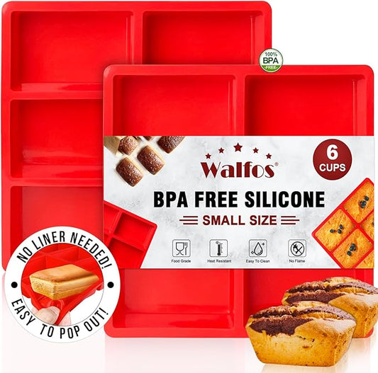Walfos Silicone Mini Bread Baking Pan 6 Cavities Non-Stick Silicone Mini Loaf Pans 2 Pieces Food Grade Baking Mold For Bread, Cakes, Muffin, Dough, Easy Pop Out and Dishwasher Safe