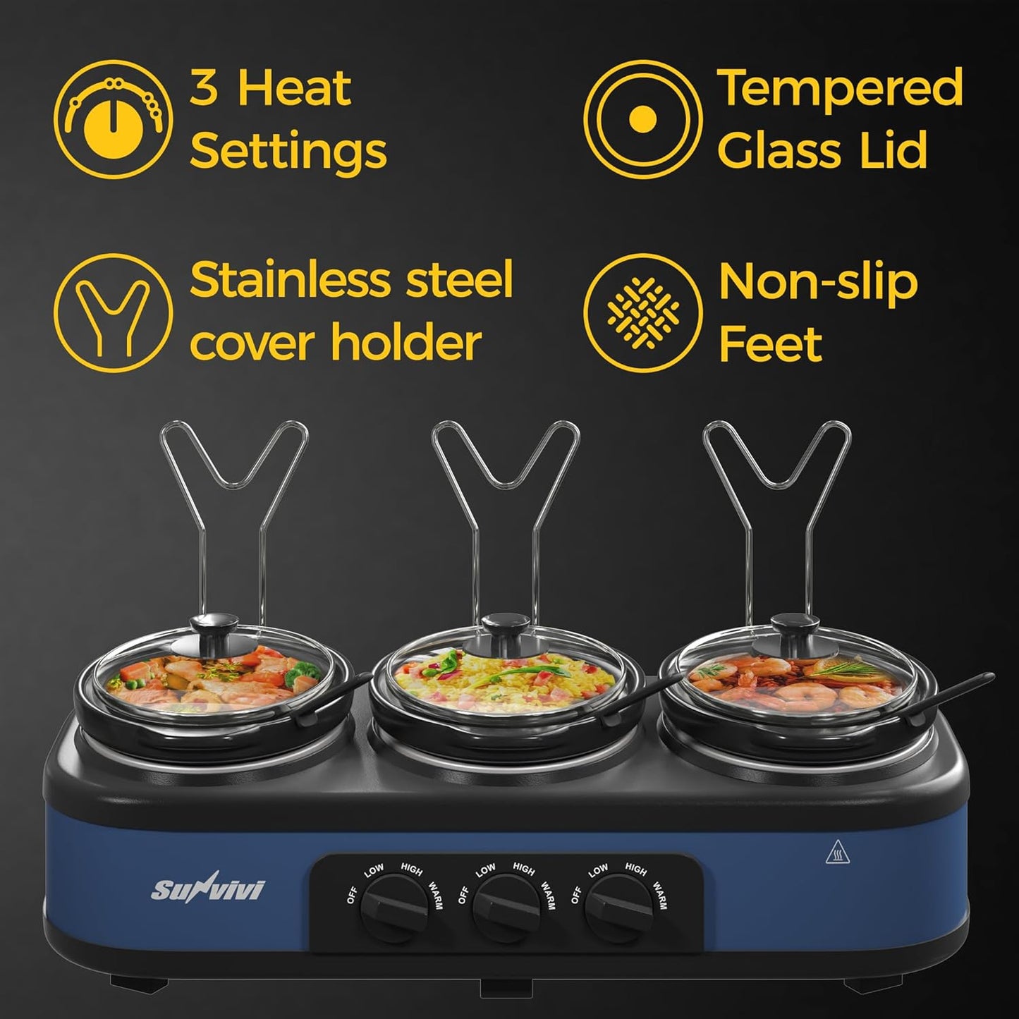 SUNVIVI Triple Slow Cooker, Buffet Food Warmer with 3 x 1.5 QT Removable Ceramic Pots, Buffet Servers and Warmers with Glass Lids and 3 Spoons, Stainless Steel, Blue