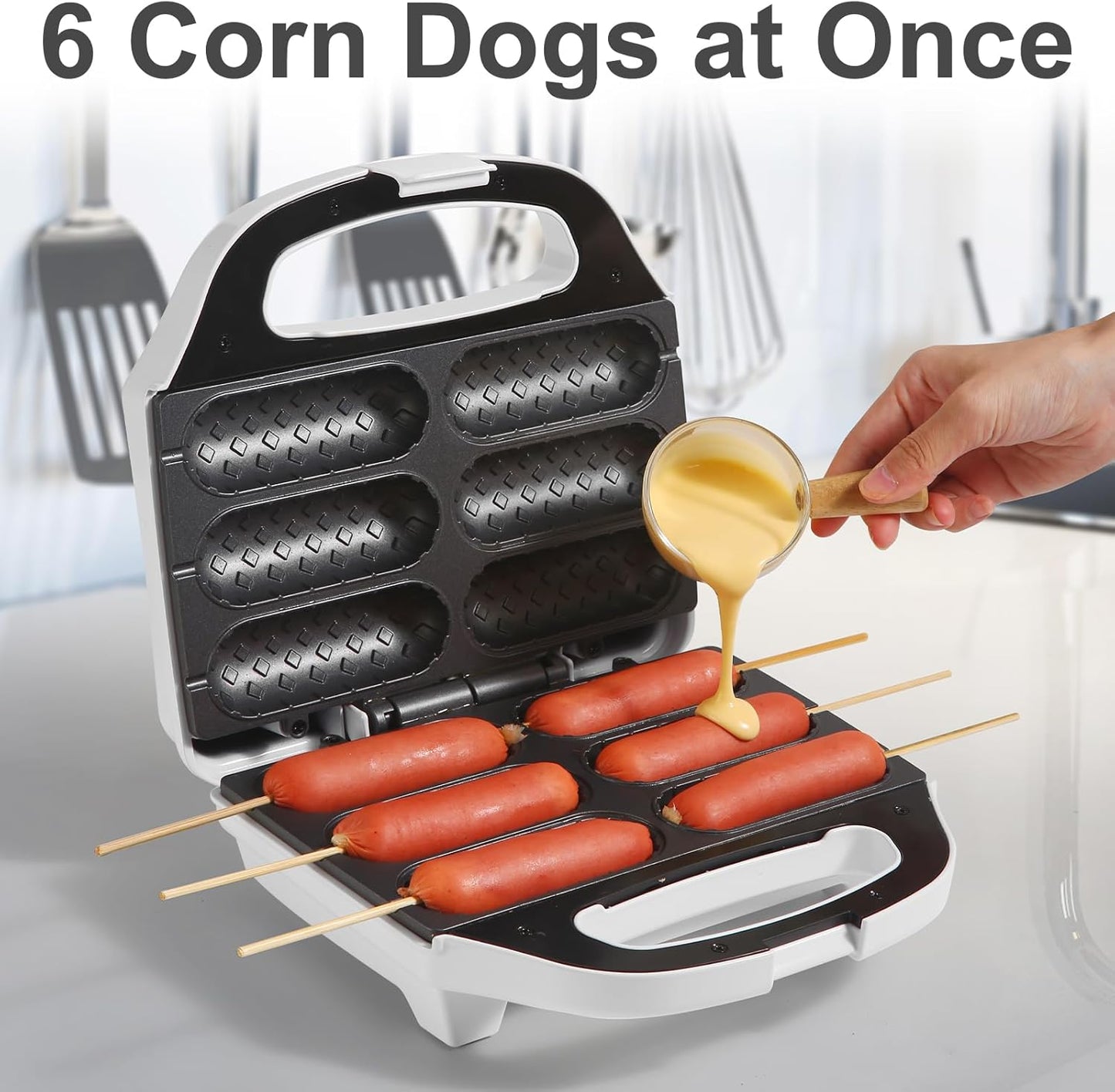 Corn Dog Waffle Maker, Hot Dog Waffle Machine with Non-stick Coating Plate, Hot Dog Maker Toaster Make 6 Corn Dogs, Corn Dog Waffle Machine Make Corn Dog in Minutes, Easy to Clean, White