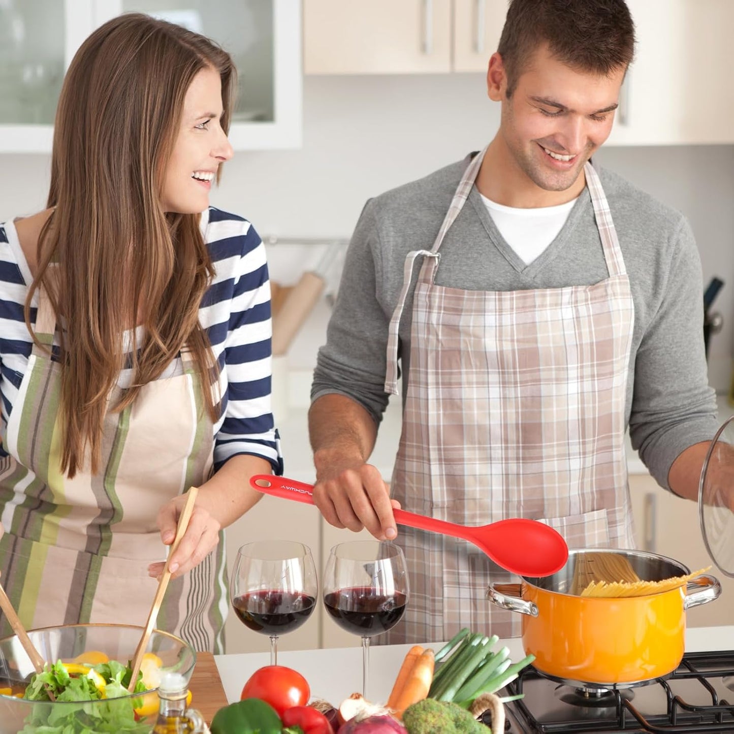 3 Pcs Silicone Spoons Set of 7.9 10.6 14.2 inch for Cooking, Heat Resistant Kitchen Spoons for Mixing, Stirring, and Serving, Small to Large Non Stick (Red)