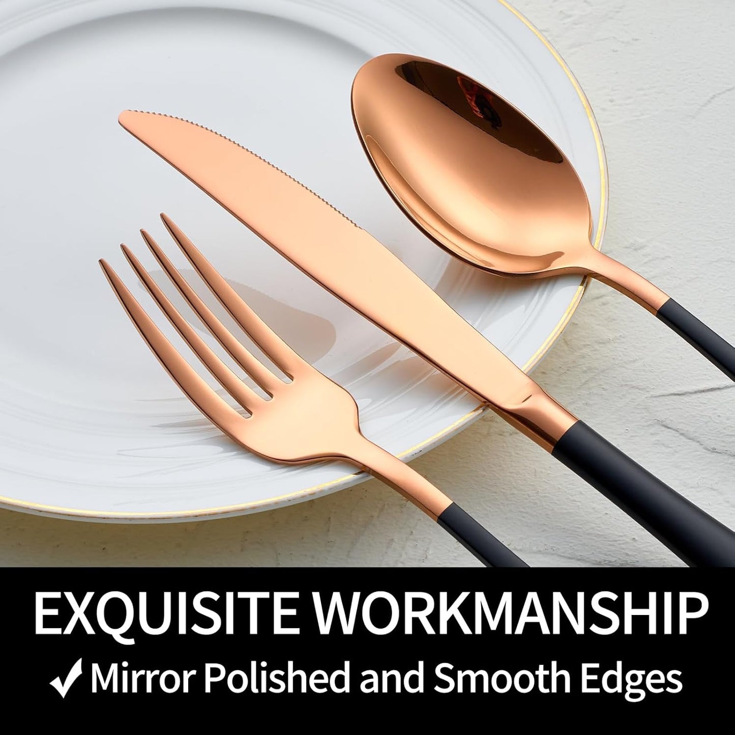 20-Pieces Rose Gold and Black Silverware Sets for 4,Black Handle Stainless Steel Cutlery Set, Include Forks Spoons and Knives Set, Dishwasher Safe Utensil Sets for Home Restaurant